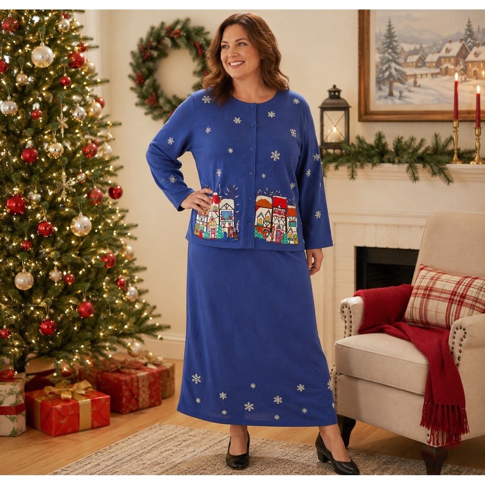 Vintage Bechamel Vintage Cardigan Skirt Set 2X‎ 1X Embroidered Village Snowflak